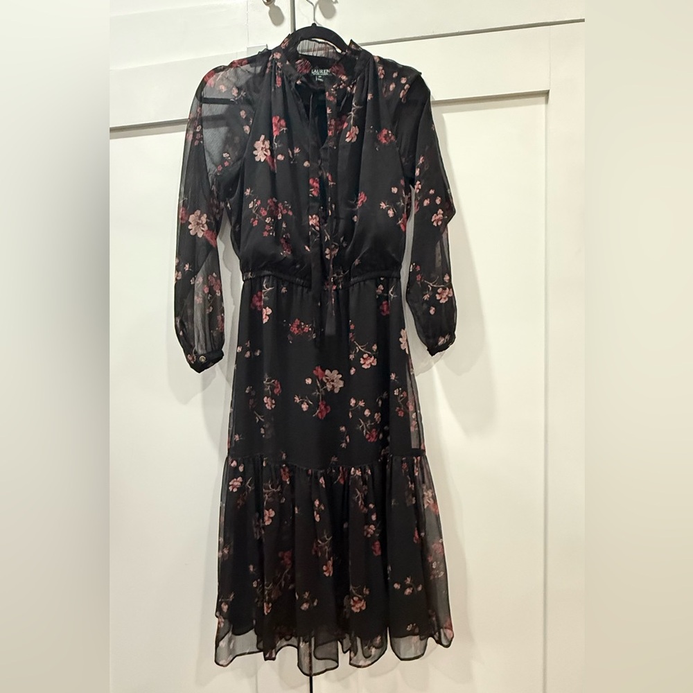 Lauren Ralph Lauren Black Floral Georgette Dress 2P Petite Long Sleeve